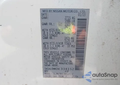 2013 Infiniti Jx35 from USA, damaged, VIN 5N1AL0MM2DC334152